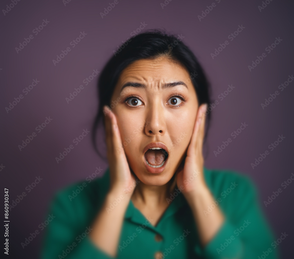 Asian woman is surprised or has a shocked face, facial expression of pain or horrified fear and terror, age 20 to 40, green background, mouth wide open or screaming or shouting, warning and danger Asian woman is surprised or has a shocked face, facial expression of pain or horrified fear and terror, age 20 to 40, green background, mouth wide open or screaming or shouting, warning and danger