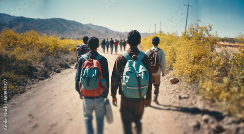 Minor children as refugees walk along border fence in desert or countryside, rear view, long dangerous path, fictional location
