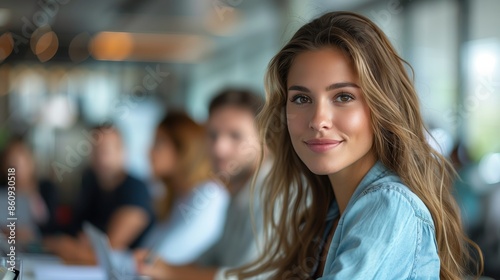 Wallpaper Mural Smiling woman in modern office setting. Young woman with long hair smiles confidently in a modern office, with colleagues working in the background. Torontodigital.ca