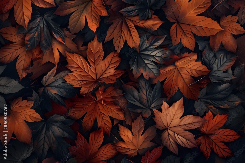 A close up of autumn leaves in shades of orange, brown and black. A close up of autumn leaves in shades of orange, brown and black.