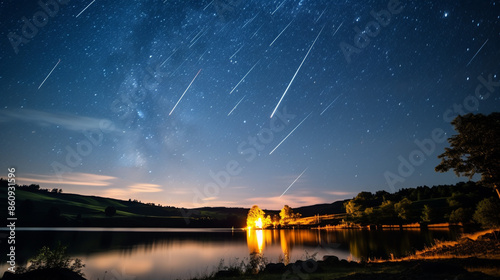 Perseid Meteor Shower over lake with stars and a tree in the background photo