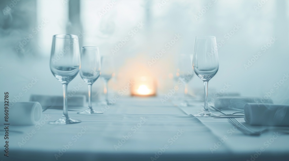 Obraz premium A minimalist winter table setting featuring elegant glassware and a soft candlelight, creating a serene and sophisticated dining atmosphere