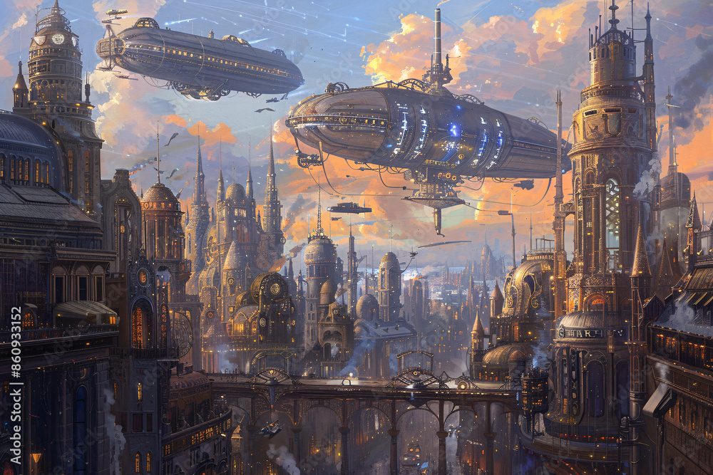 Fototapeta premium A steampunk cityscape with elaborate machinery, airships floating in the sky, and a mix of Victorian and futuristic architecture