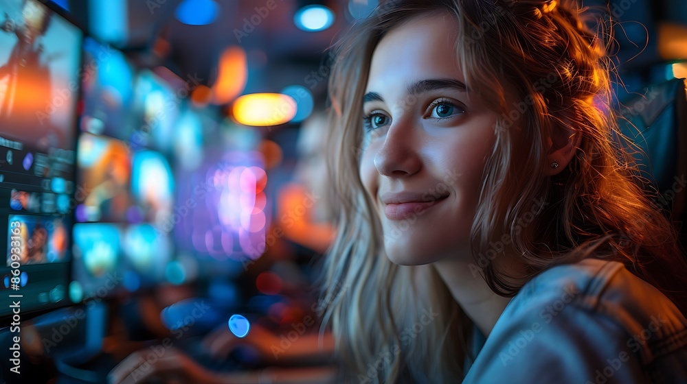 A realistic photograph of a group of friends connected via video chat, playing a multiplayer game together.