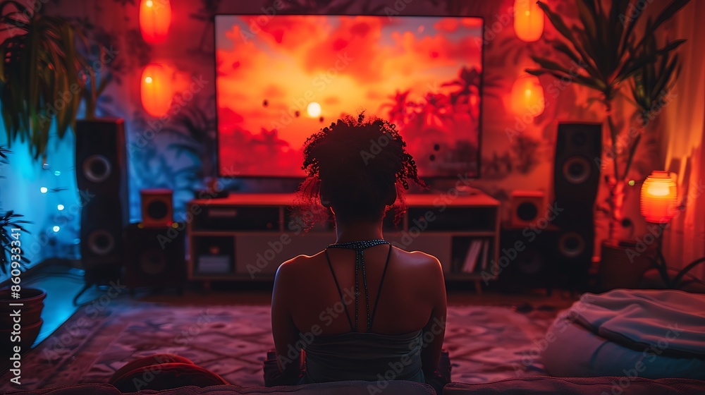 A realistic photograph of a home theater gaming setup, featuring a large screen and surround sound. A realistic photograph of a home theater gaming setup, featuring a large screen and surround sound.
