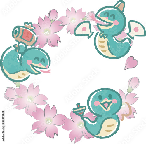 フレーム　年賀状2025　年賀　2025　巳年　巳　へび　蛇　手描き　水彩　桜　かわいい　イラスト素材