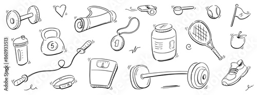 Sport gym sketch icon set. Hand drawn sketch doodle healthy sport, gym fit exercise equipment icon.Doodle hand drawn tennis ball, bottle, dumbbell fit equipment. Vector illustration.
