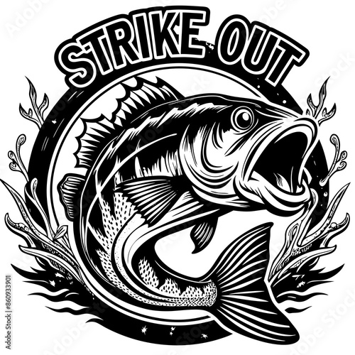 Strike Out Big Bass Fish Sport Splash River Vector Cartoon for T-Shirt Graphic Design Colorful Illustration, on text