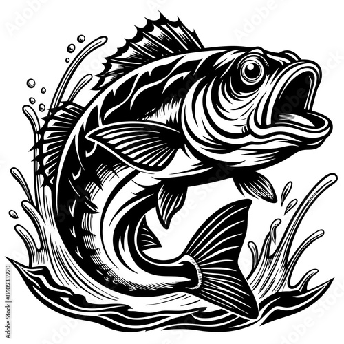 Strike Out Big Bass Fish Sport Splash River Vector Cartoon for T-Shirt Graphic Design Colorful Illustration, on text