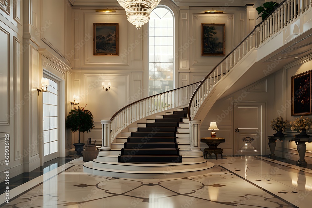 Obraz premium Elegant grand foyer with a sweeping staircase, large windows, and ornate light fixtures.