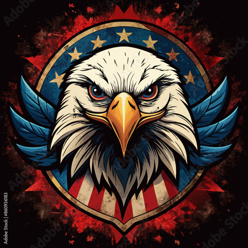 A patriotic illustration of a bald eagle clutching an American flag in its talons