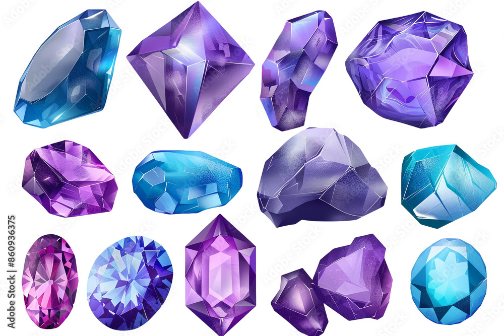 set of blue purple gems isolated on transparent background set of blue purple gems isolated on transparent background