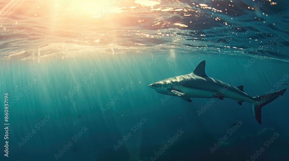 Fototapeta premium A shark is swimming in the ocean with the sun shining on it. Generate AI image