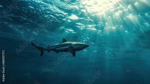 A shark is swimming in the ocean with the sun shining on it. Generate AI image