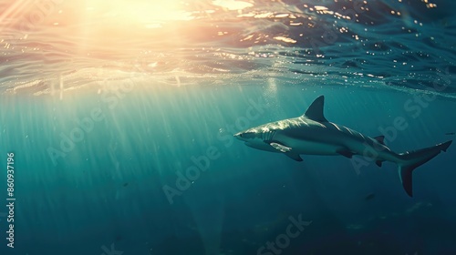 A shark is swimming in the ocean with the sun shining on it. Generate AI image