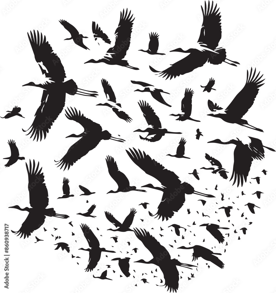 A silhouette of flight patterns of birds black and white with white background
A silhouette of flight patterns of birds black and white with white background