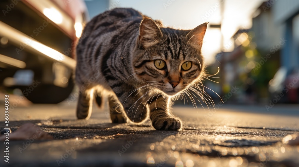 Obraz premium Closeup of a Curious Tabby Cat Strolling on a Sunlit Street in the Afternoon