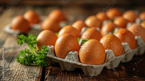 Fresh Brown Eggs in Carton with Water Droplets on Wooden Table with Fresh Parsley photo