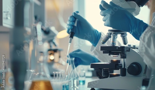 A scientist is working in a lab with a microscope and a pipette by AI generated image