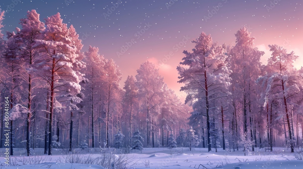 Winter Forest at Sunset with Snowflakes Falling, Generative AI Winter Forest at Sunset with Snowflakes Falling, Generative AI
