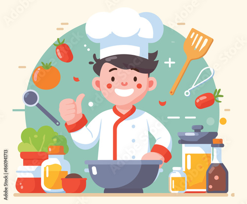 Smiling Chef Cooking Steak Illustration.