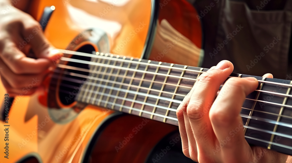 Fototapeta premium Close-Up of Hands Playing Acoustic Guitar with Warm Lighting and Detailed Strings