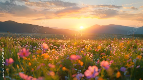 Sunrise Over Vibrant Wildflower Field in Scenic Highland Landscape