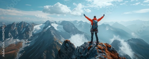 Triumphant Climber Atop Majestic Mountain Peaks Celebrating Achievement in Nature s Grandeur photo
