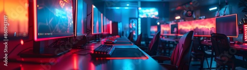 Futuristic Gamer s Workspace with RGB Lighting and Multiple Screens