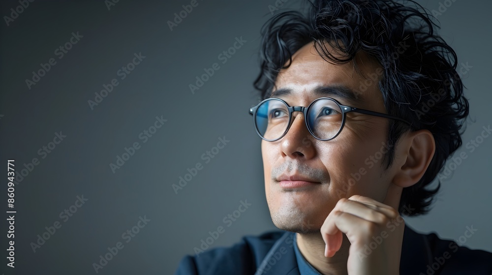 Thoughtful Asian Business Person in Surreal on Streamlined Grey Studio Background Thoughtful Asian Business Person in Surreal on Streamlined Grey Studio Background
