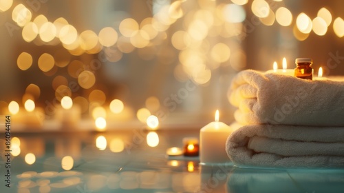 Spa towels and candles arranged in a relaxing setting with warm, ambient lighting, evoking tranquility and luxury.