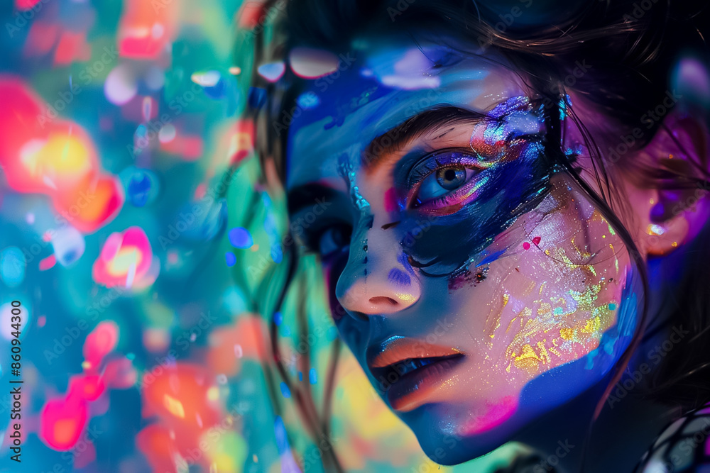 A woman with colorful face paint and a blue background A woman with colorful face paint and a blue background