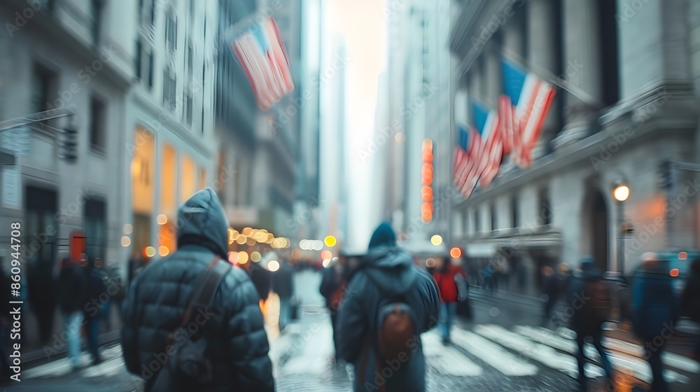Fototapeta premium Blurred Silhouettes of People Rushing Through a Bustling Urban Financial District