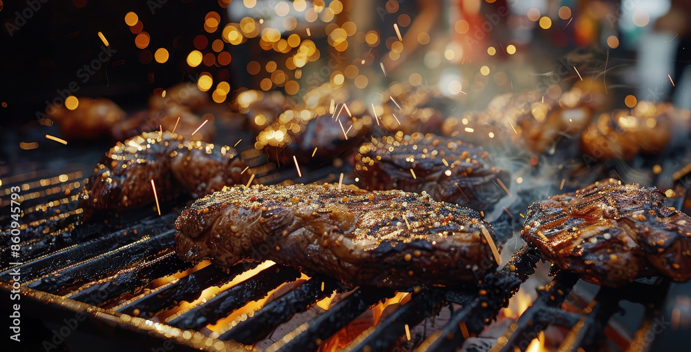A group of people are cooking meat on a grill, with the flames by AI generated image A group of people are cooking meat on a grill, with the flames by AI generated image