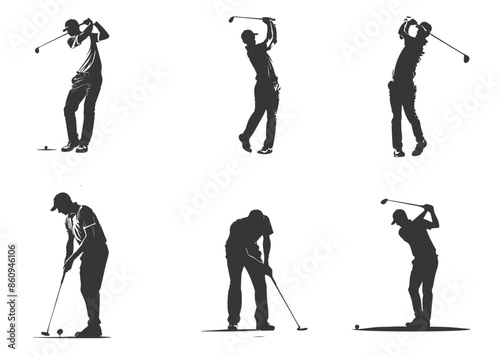 people playing golf in various poses isolated vector silhouette on white background