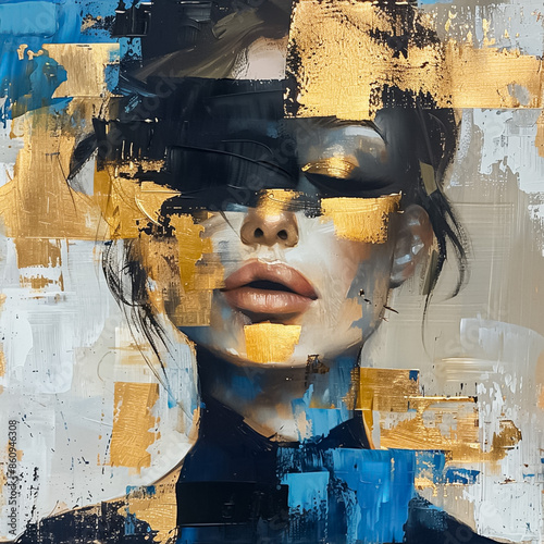 A woman's face is painted in gold and blue, with a black mask covering her eyes