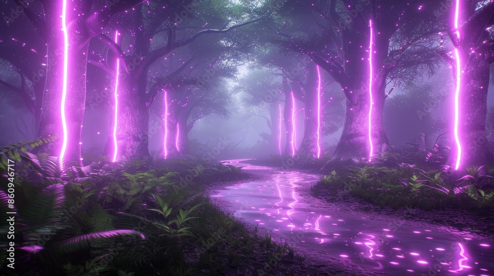 Enchanted forest with glowing pink trees and a sparkling river at night