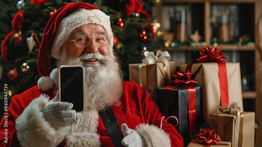 Festive Cheer: Joyful Santa Claus Holding Blank Smartphone with Christmas Tree and Ribbon-Wrapped Gifts Festive Cheer: Joyful Santa Claus Holding Blank Smartphone with Christmas Tree and Ribbon-Wrapped Gifts