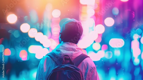 A person with a backpack explores a city at night, surrounded by vibrant, colorful lights, capturing the energy and excitement of urban nightlife photo
