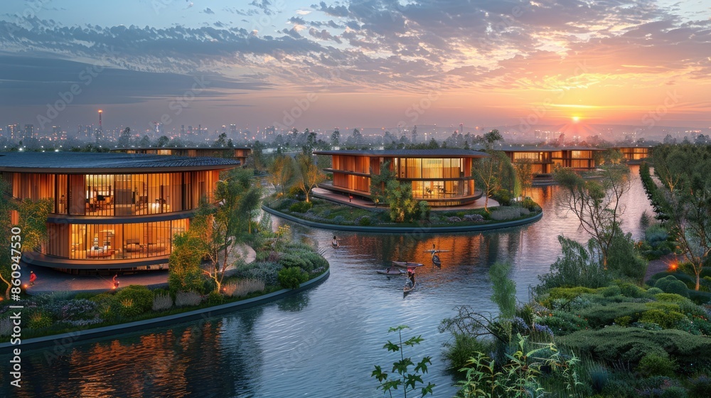 custom made wallpaper toronto digitalModern Circular Homes on Water at Sunset