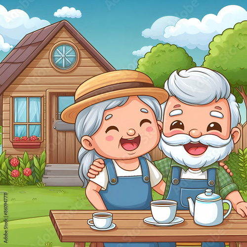 An elderly man and woman sit and laugh happily in a garden house in the middle of nature.