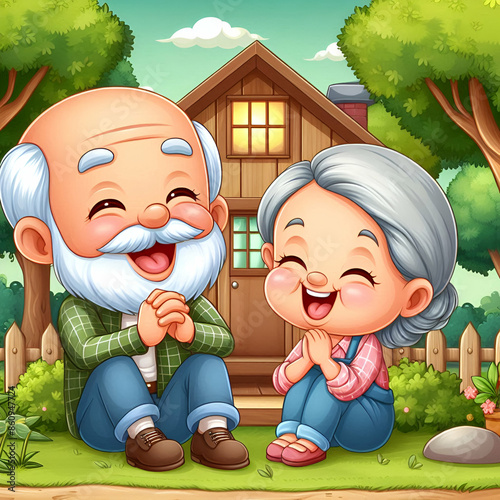 An elderly man and woman sit and laugh happily in a garden house in the middle of nature.