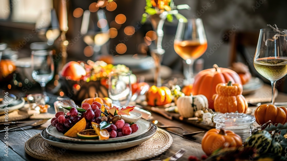 Autumnal Table Setting with Grapes and Pumpkins Autumnal Table Setting with Grapes and Pumpkins