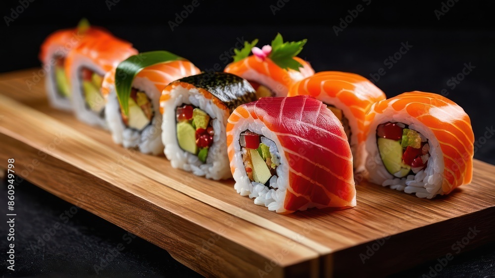 Elegant Minimalist Japanese Cuisine Arrangement, Sushi Rolls and Sashimi on Brown Wood Tray against Black Background Elegant Minimalist Japanese Cuisine Arrangement, Sushi Rolls and Sashimi on Brown Wood Tray against Black Background