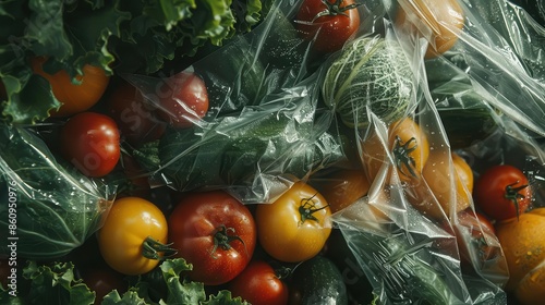 Bioplastic film wrapping fresh produce, Realism, Earthy tones, Photography, Sustainable food packaging photo