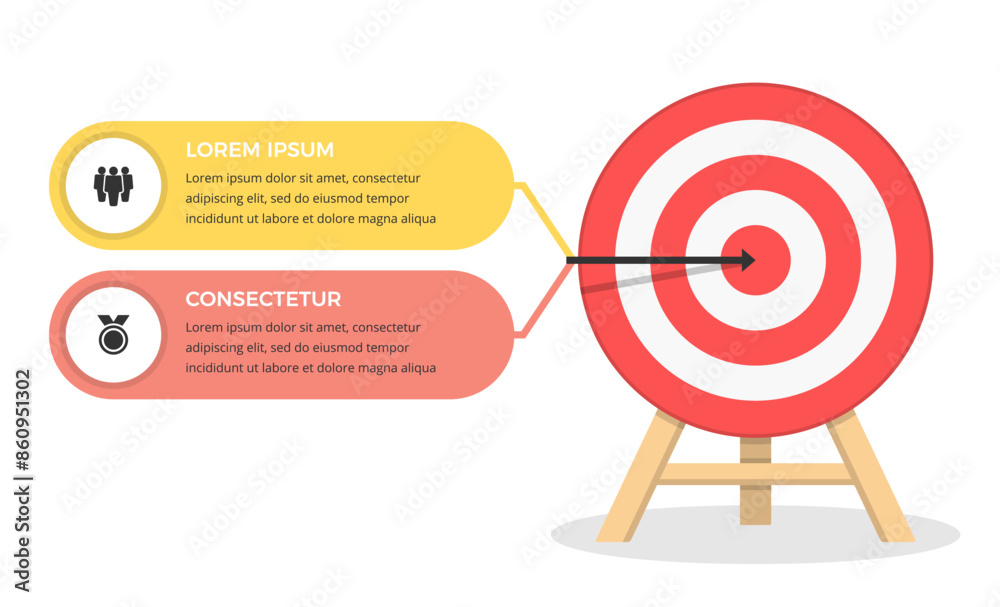 Infographics of your goal, red target with two elements for your icons and text, vector eps10 illustration