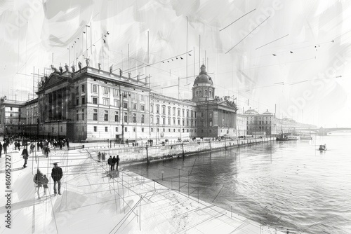  Abstract black and white architectural sketch of a grand boulevard with trees and pedestrian walkways, high resolution