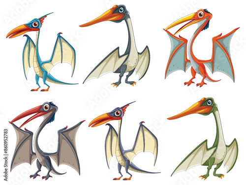Six vibrant pterodactyl characters in various poses