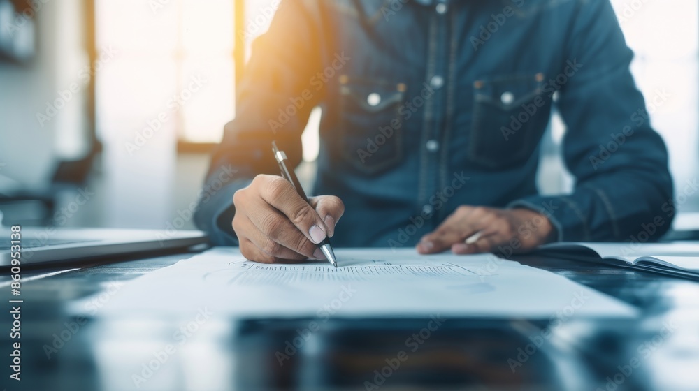 A designer intensely focused on drawing a detailed sketch on a large piece of paper in a well-lit workspace. A designer intensely focused on drawing a detailed sketch on a large piece of paper in a well-lit workspace.