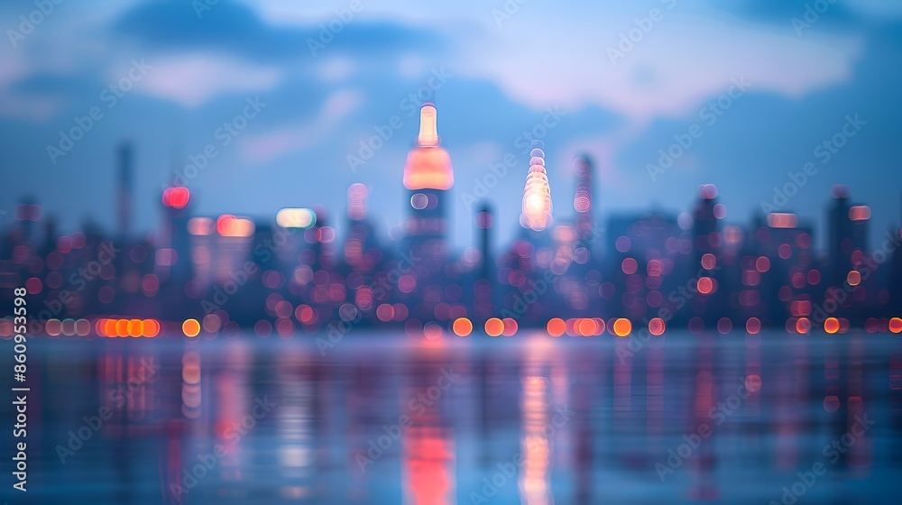 Defocused cityscape of a dazzling New York skyline at twilight with blurred lights and reflections on the river Defocused cityscape of a dazzling New York skyline at twilight with blurred lights and reflections on the river